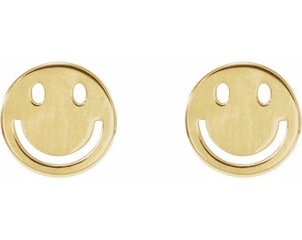 14K Gold Smiley Face Earrings Shiny or Satin Finish