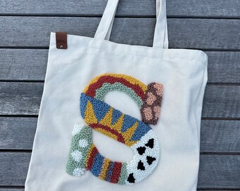 Gepersonaliseerde punchnaald geborduurde canvas draagtas: aangepaste initiële; Voor winkelen, school, werk, strand, reizen, leuke alledaagse mode!