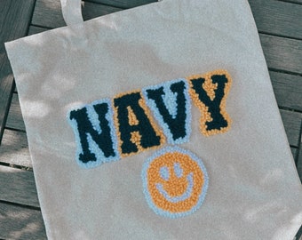 Punch Needle Embroidered Canvas Tote Bag:Double Sided US NAVY Style; For Shopping, School, Work, Beach, Travel, Fun Everyday Fashion!