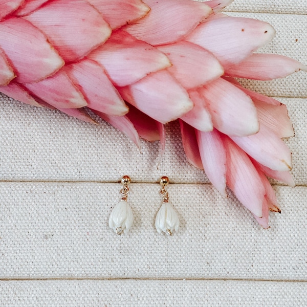 Pikake mother of pearl or Ivory flower in your choice of post or dangle style in 14k gold fill