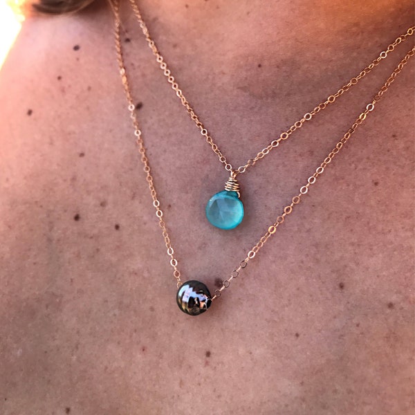 Floating Tahitian pearl necklace in 14k gold fill, rose gold or SS