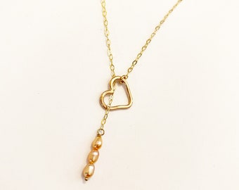 Sterling Silver Heart Lariat Coin Pearl Necklace NBJ357