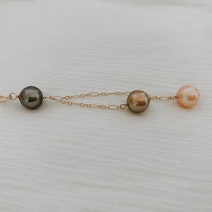 Ombre Tahitian and Edison pearl lariat in 14k gold fill