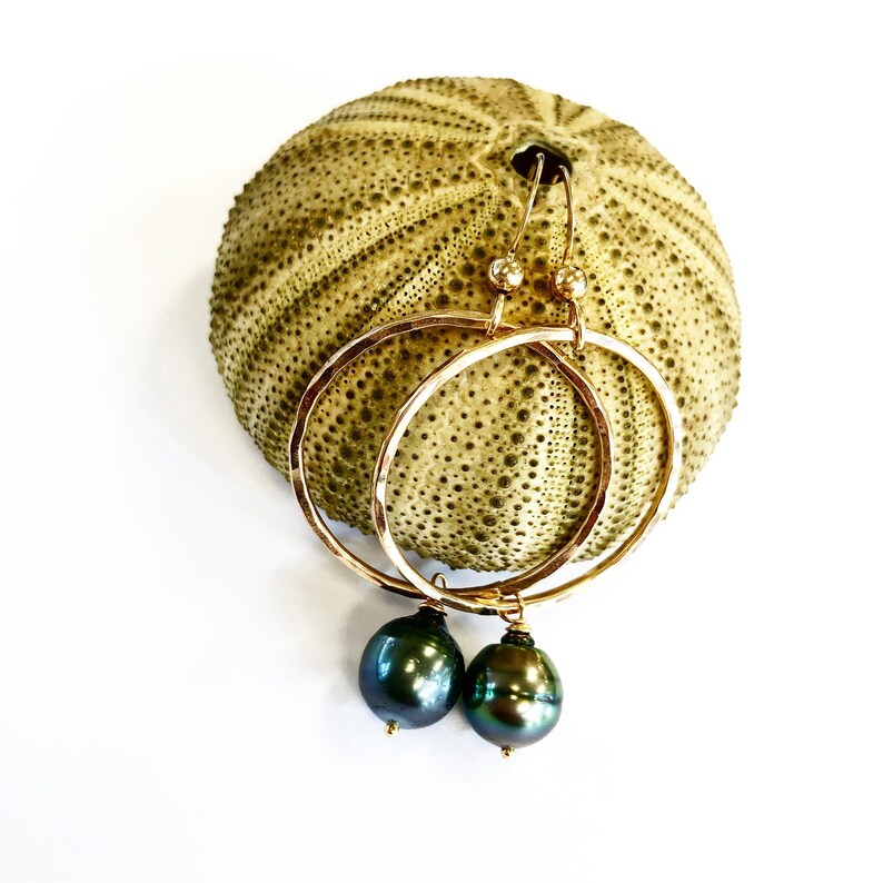 May include: Gold hoop earrings with a dark green pearl dangling from each hoop. The earrings are displayed on a sea urchin.