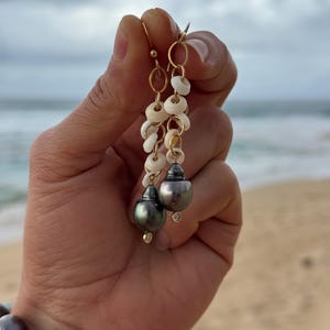 Puka shell & Tahitian pearl CZ earrings in 14k gold fill image 5
