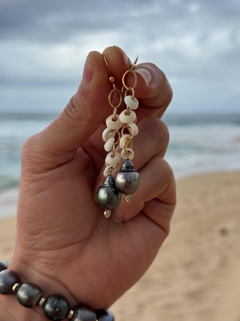 Puka shell & Tahitian pearl CZ earrings in 14k gold fill image 5