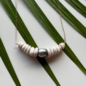 Kauai Puka shell & silver Tahitian Pearl necklace in 14k gold fill