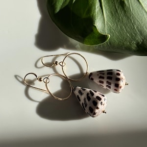 May include: Gold hoop earrings with a white and black seashell pendant. The seashells have a spotted pattern.