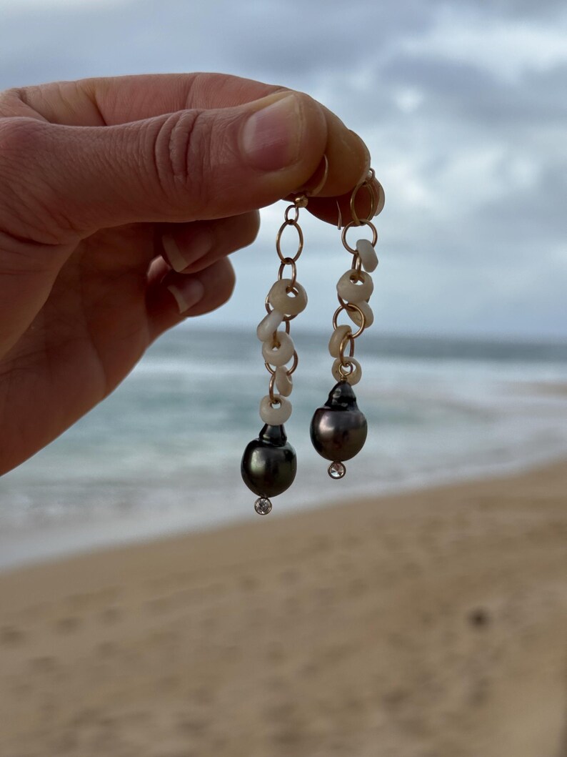 Puka shell & Tahitian pearl CZ earrings in 14k gold fill image 13