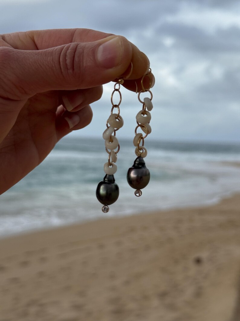 Puka shell & Tahitian pearl CZ earrings in 14k gold fill image 15