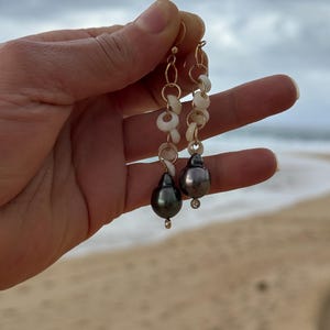Puka shell & Tahitian pearl CZ earrings in 14k gold fill image 17