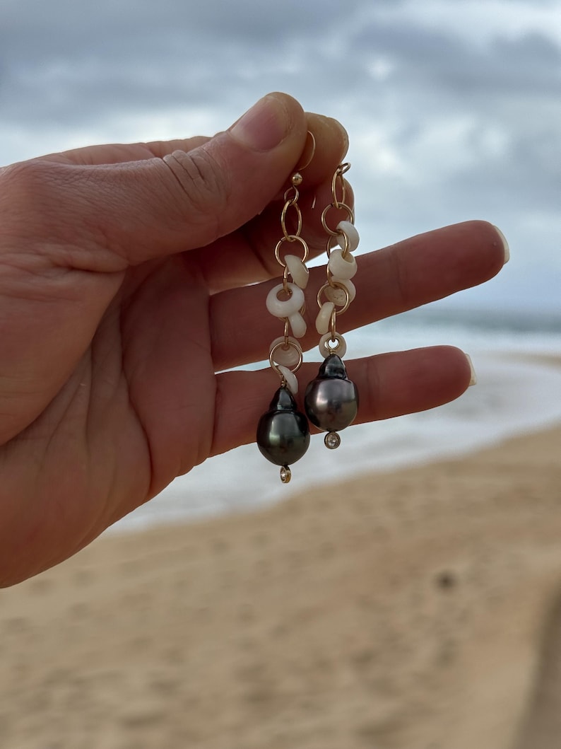 Puka shell & Tahitian pearl CZ earrings in 14k gold fill image 17