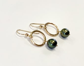 Small or Tiny hammered hoops and Tahitian pearl earrings in SS or 14k gold fill of your choice