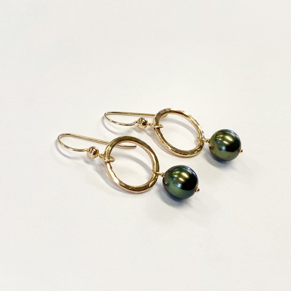 Hammered Hoop Earrings: Tahitian Pearl Dangle Earrings