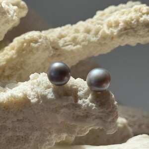 May include: A pair of round, dark gray pearl stud earrings with a smooth, lustrous surface. The two spherical pearls are positioned side by side, showcasing their metallic sheen and uniform shape against a textured, off-white coral structure.