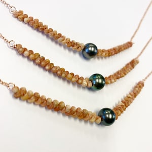 Kahelelani shell long bar on a dainty chain featuring a tahitian pearl