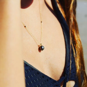 Tahitian pearl necklace featuring black spinel stones in 14k gold fill or SS