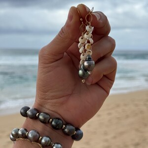 Puka shell & Tahitian pearl CZ earrings in 14k gold fill image 8