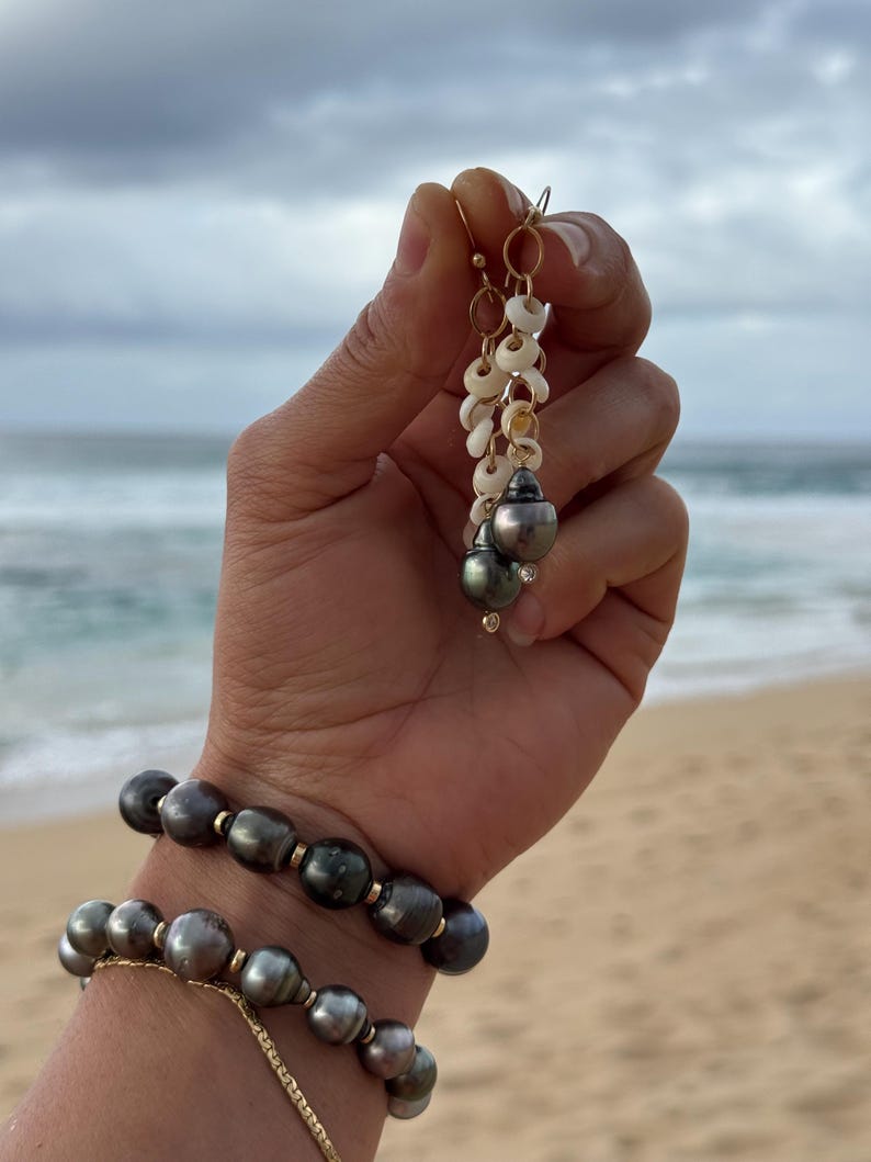 Puka shell & Tahitian pearl CZ earrings in 14k gold fill image 8