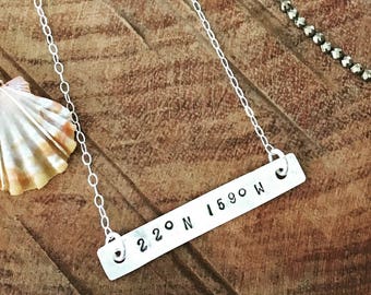 Kauai coordinates handstamped bar necklace in sterling silver or 14k gold fill