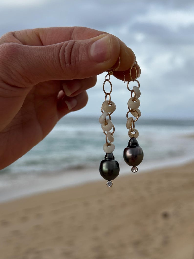 Puka shell & Tahitian pearl CZ earrings in 14k gold fill image 9