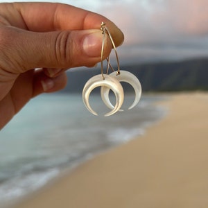 Mother of Pearl crescent moon hoops in 14k gold fill
