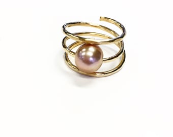 Hammered wrapped ring featuring an edison pearl in SS or 14k GF