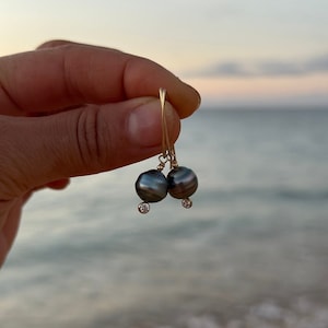 Marquis tahitian pearl & CZ stone earrings in 14k gold fill or sterling silver