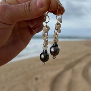 Puka shell & Tahitian pearl CZ earrings in 14k gold fill image 16