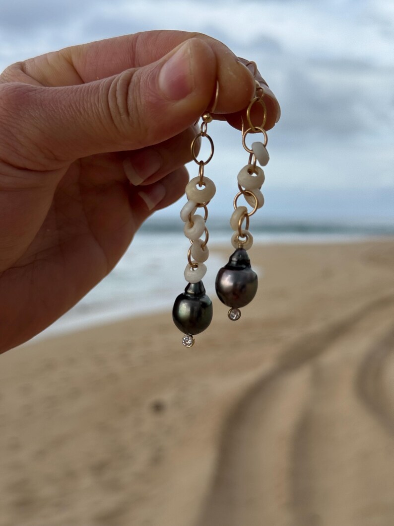 Puka shell & Tahitian pearl CZ earrings in 14k gold fill image 16