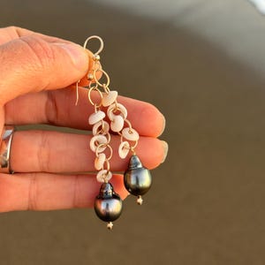 May include: Gold dangle earrings featuring dark gray pearls and small white shell accents. The earrings are suspended from gold chains and hooks, creating a layered effect. The background is a blurred view of a beach.