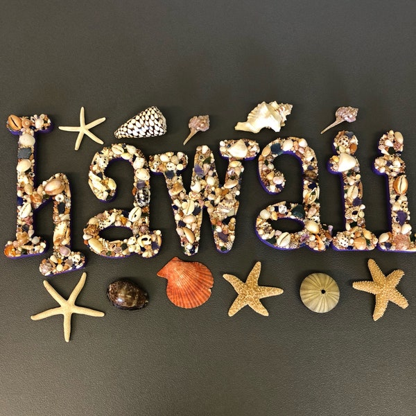 Shell encrusted "hawaii" letters with Kauai shells and sea glass