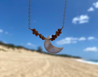 Kahelelani shell & Rose Quartz crescent moon necklace