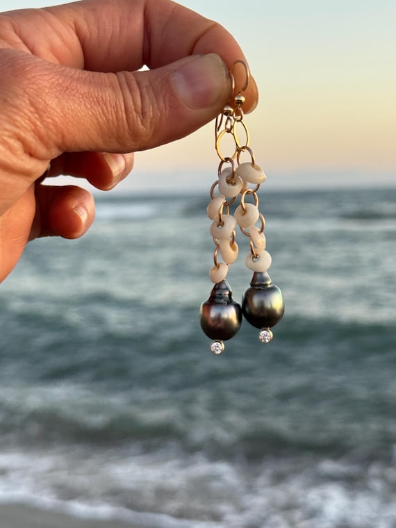 Puka shell & Tahitian pearl CZ earrings in 14k gold fill