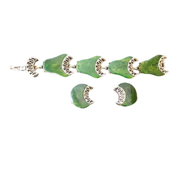 Vintage espinaca verde baquelita clip en pendientes y pulsera conjunto