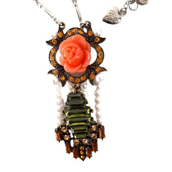 Art Deco Pendant Necklace: Rose & Rhinestones - image 4