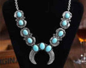 vintage Collier pendentif chaîne en argent avec pierres turquoises bleues bohèmes