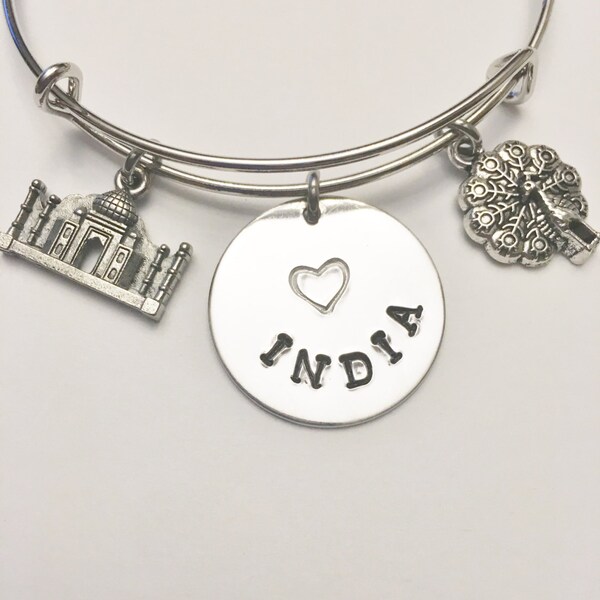 India Theme Adjustable Silver Stainless Steel Charm Bangle, Taj Mahal, Peacock, Gift for Her, Travel, Vacation, Wife, Sister,Daughter,Mother