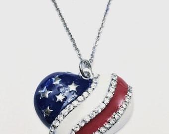 Patriotic Red White Blue Heart Pendant Necklace, Fourth of July, American Flag, Stars and Stripes, Patriotic Jewelry, USA,
