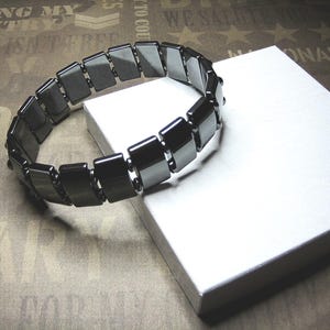Mens Black Hematite Stretch Bracelet, Spiritual Rectangle Stone Gift for Him