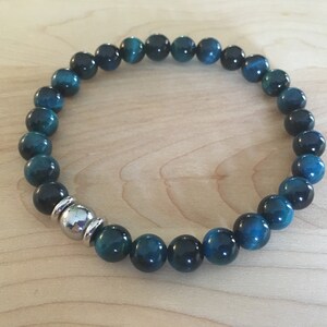 Blue Tiger Eye, Silver Hematite Healing Gemstone Bracelet, Gift for Him, Dad, Mens Bracelet, Beaded Stretch Bracelet, Healing Crystals