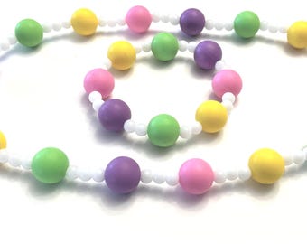 Pastel Soft Silicone Beaded Set Necklace & Bracelet, Toddler Girl Jewelry, Spring Jewelry