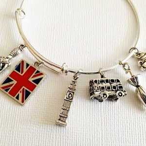 United Kingdom, Britain, England Theme Adjustable Bangle, Stainless Steel, Gift for Her, Patriotic, Vacation,Travel Charms, Womens Bracelet