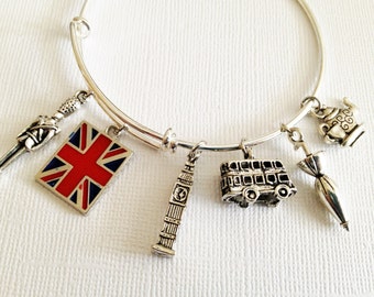 United Kingdom, Britain, England Theme Adjustable Bangle, Stainless Steel, Gift for Her, Patriotic, Vacation,Travel Charms, Womens Bracelet