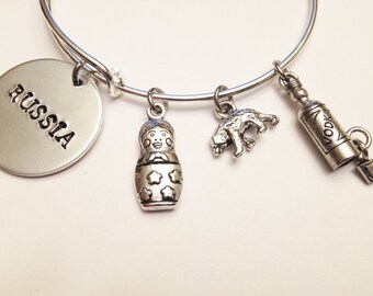 Russia Expandable Silver Stainless Steel Charm Bangle, Nesting Doll, Matryoshka, Vodka, Bear, Gift for Her, Russian Charms, Womens Bracelet