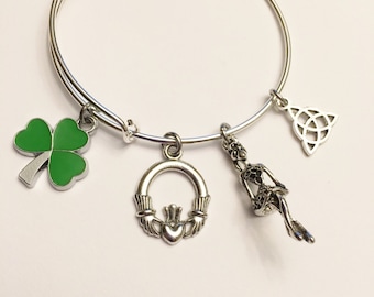 Ireland Theme Charm Bangle, Womens Charm Bangle, Shamrock, St. Paddy's Day, Irish Dancer, Clauddagh, Celtic Knot, Vacation, Travel Charms