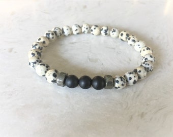 Mens Gemstone Bracelet, Black Onyx, Dalmation Jasper, Gift for Him, Beaded Stretch Bracelet, Healing Crystals, Spiritual Gemstones