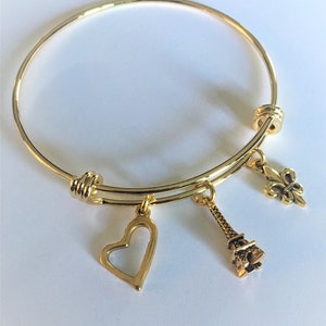 France Theme Gold Bangle, Eiffel Tower, Fleur de Lis, Travel,Vacation, French Charm Bracelet,Gift for Her, Stainless Steel Expandable Bangle