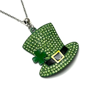 St Paddy&#39;s Day Green Rhinestone Top Hat 4 Leaf Clover Pendant Necklace! Lucky Pendant Charm, Mens Necklace, Women&#39;s  Necklace, Kids Necklace
