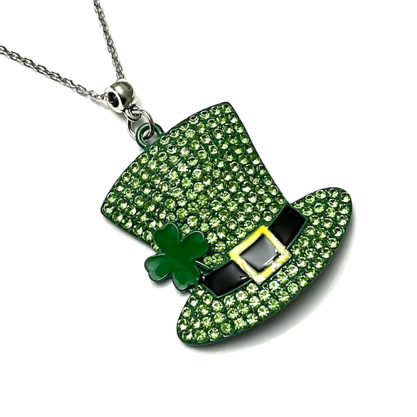 St Paddy's Day Green Rhinestone Top Hat 4 Leaf Clover Pendant Necklace! Lucky Pendant Charm, Mens Necklace, Women's  Necklace, Kids Necklace